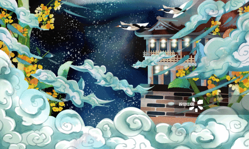 水彩中秋天空宫殿插画-GIF动图图片素材