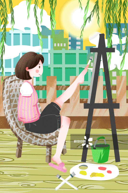 国际残疾人日女孩用脚画画励志插画-GIF动图图片素材