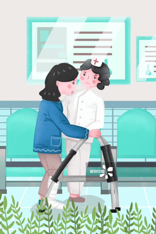 全国助残日女性在医院用助行器锻炼行走插画-GIF动图图片素材