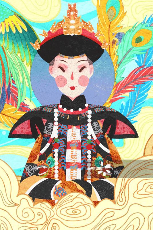 国潮风中国清朝皇后喜服插画-GIF动图图片素材