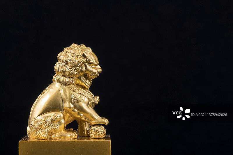 铜制金色狮子特写黑色背景图片素材