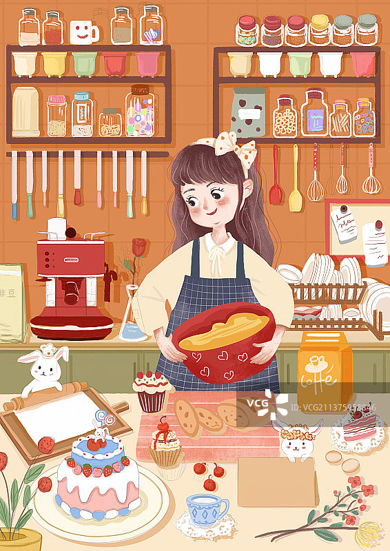 小女孩和兔子做蛋糕图片素材
