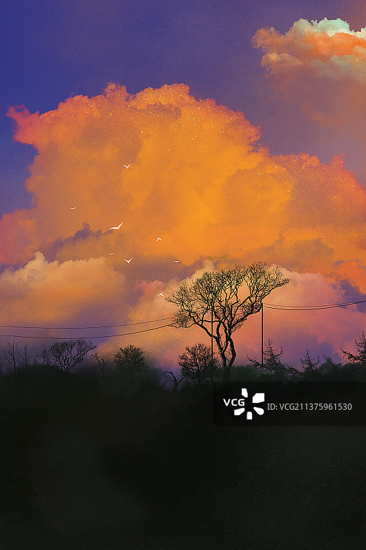 彩云日落田园剪影插画图片素材