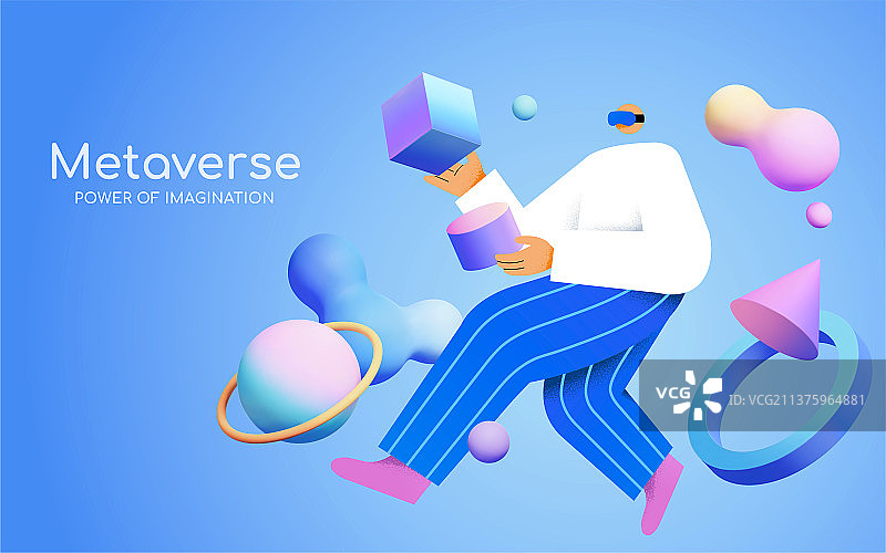 元宇宙概念佩戴VR的男子 几何形状背景图片素材