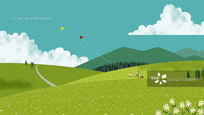 原野上放风筝的孩子 治愈电脑壁纸图片素材