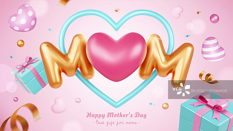 3D母亲节贺卡 漂浮礼物与爱心装饰图片素材