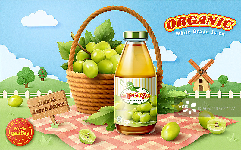 白葡萄汁广告 可爱剪纸风野餐农场背景图片素材