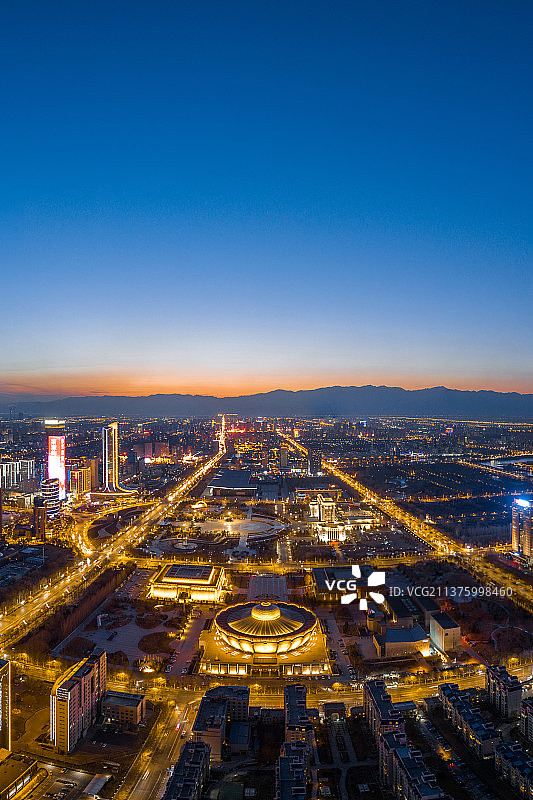 航拍宁夏银川市中心公共建筑群城市风光夜景图片素材