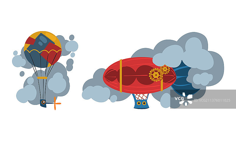 蒸汽朋克热气球和飞艇卡通图片素材