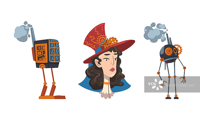 蒸汽朋克风格的机械装置与女人头部图片素材