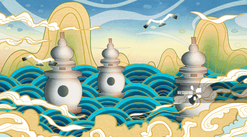 国潮风杭州西湖三潭印月插画-GIF动图图片素材