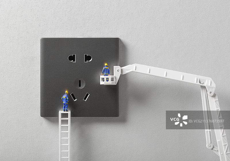 微缩创意电源插座安全隐患检查的电力工人图片素材