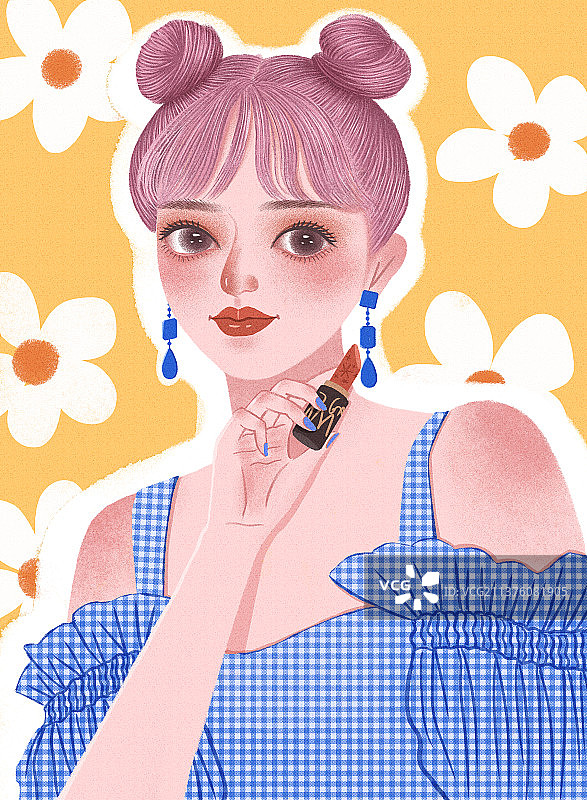 拿着口红的丸子头女孩图片素材