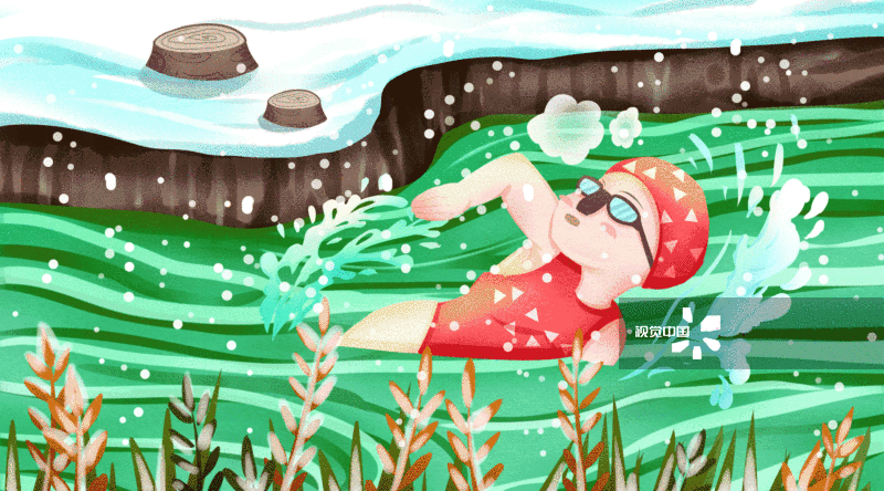 冬天女孩在河里冬泳运动插画-GIF动图图片素材