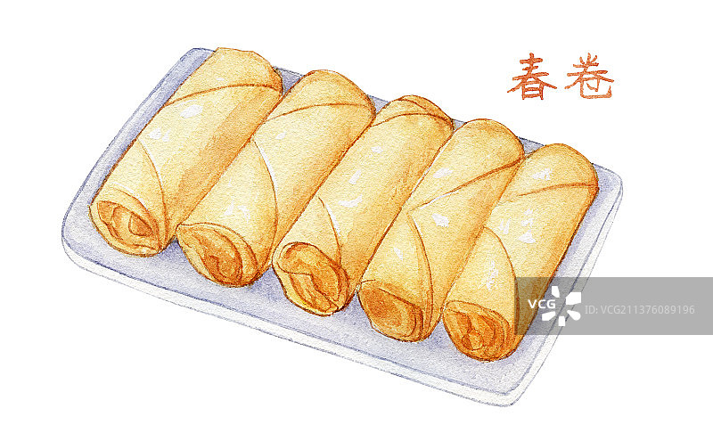 水彩手绘插画一盘油炸春卷图片素材