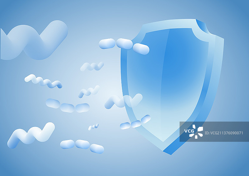蓝色盾牌防护抽象细菌立体矢量插画图片素材