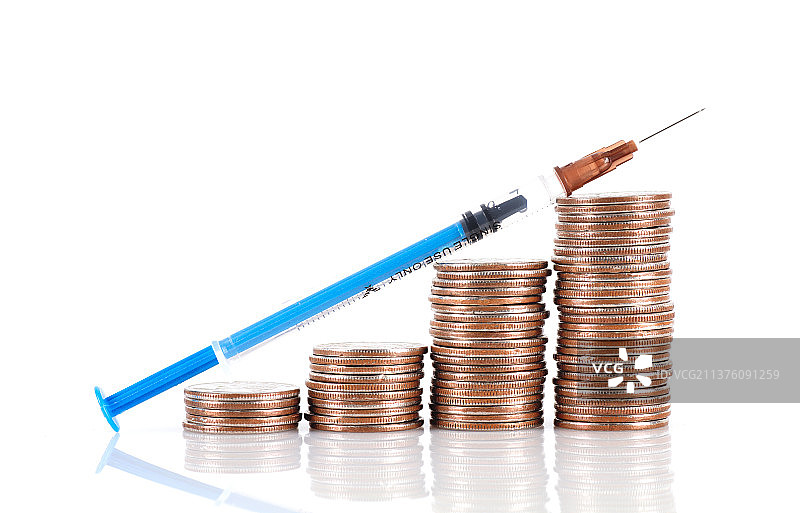白背景上的针管和美元硬币图片素材