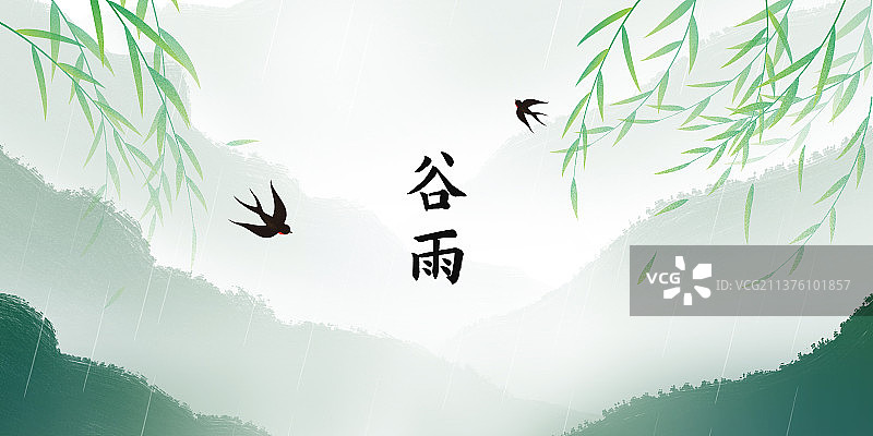水墨垂柳下燕子之谷雨图片素材