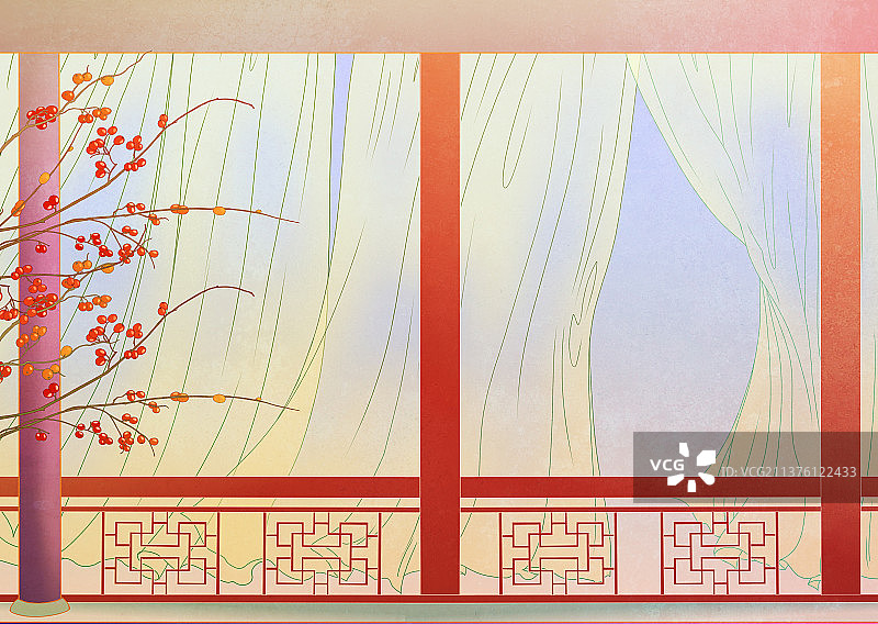中国国潮国风新中式庭院插画图片素材