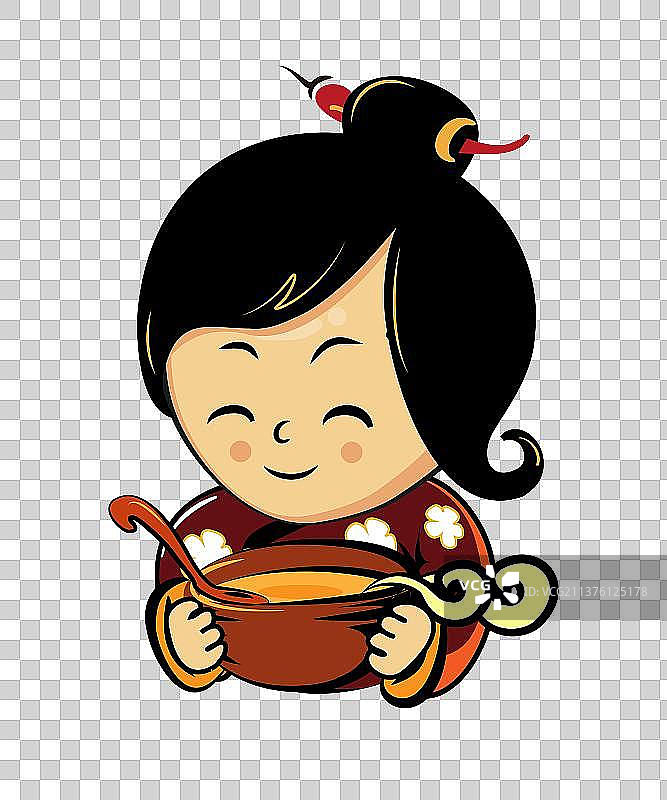 一位东方小厨娘双手捧着一锅热汤的矢量图图片素材