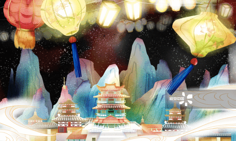 水彩元宵节天宫插画-GIF动图图片素材
