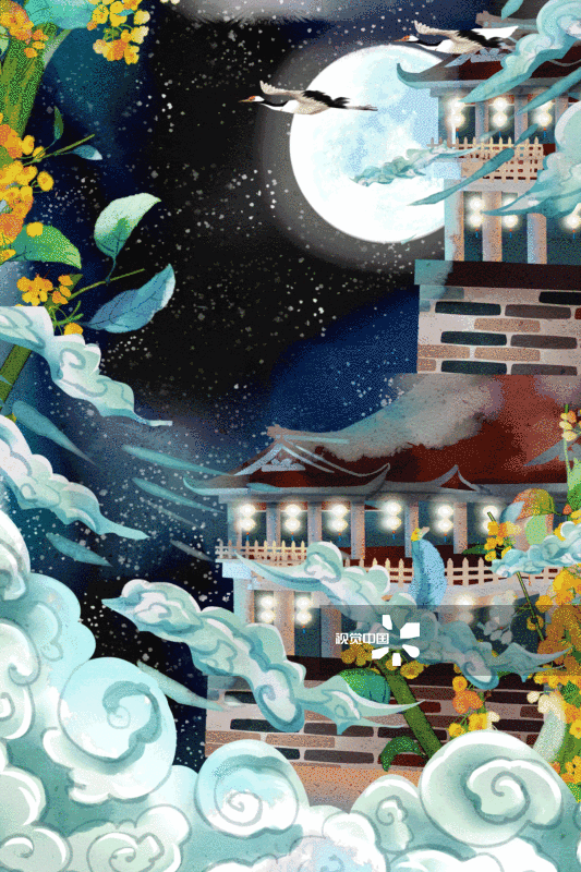 水彩中秋天空宫殿插画-GIF动图图片素材