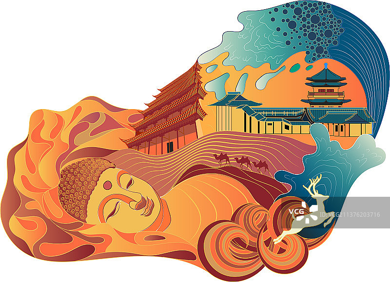 敦煌睡佛心中海浪沙漠建筑暖色国潮插画图片素材