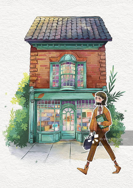 水彩店子-书店图片素材