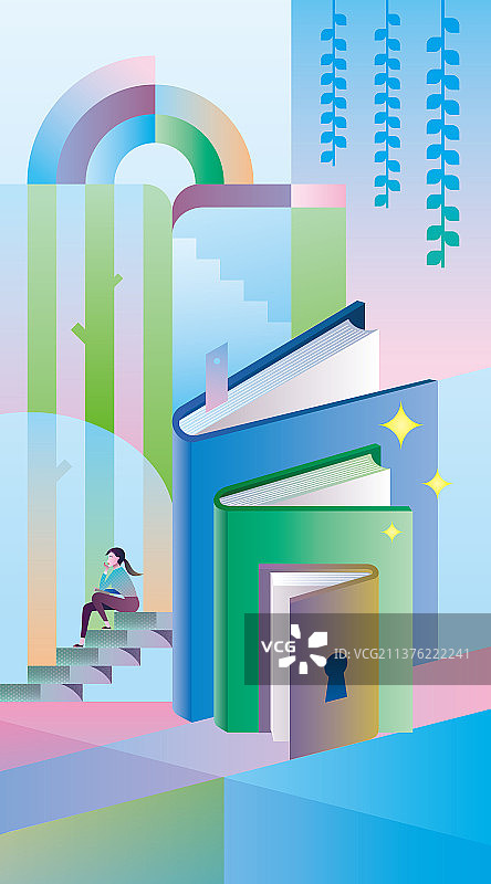 少女在书籍的世界里思考与畅游插画壁纸图片素材