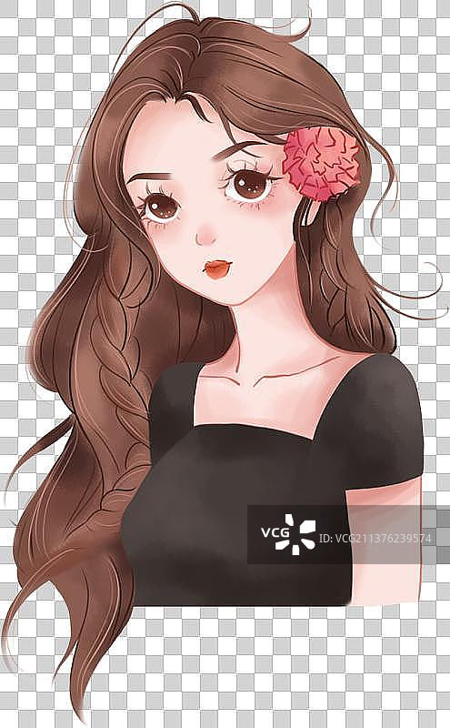 手绘插画人物女孩温柔长发原创头像Q版卡通插画海报png素材可爱图片素材