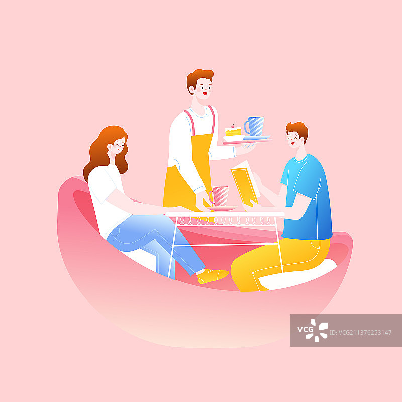 卡通情人节情侣在一起礼物浪漫约会爱心送礼表白钻戒520求婚花卉下午茶电商促销优惠商务渐变活动矢量插画图片素材