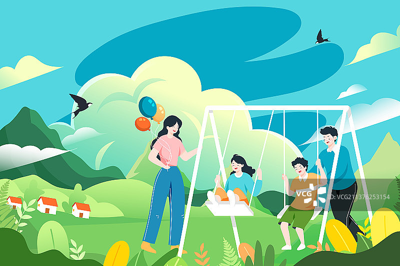 卡通亲子家人家庭母亲节父亲节玩乐亲子游出游旅行休闲生活方式电商促销优惠夏季夏日夏天儿童节矢量插画图片素材