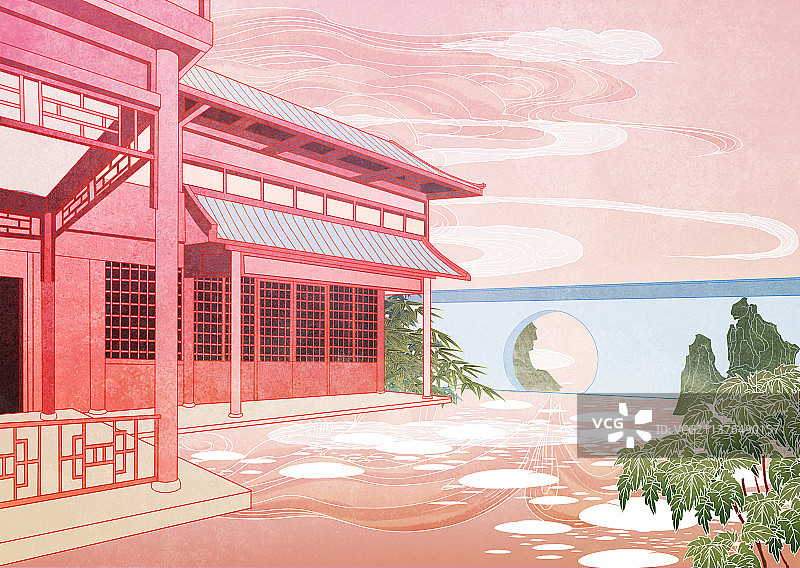 中国国潮国风新中式背景插图传统庭院风景图片素材