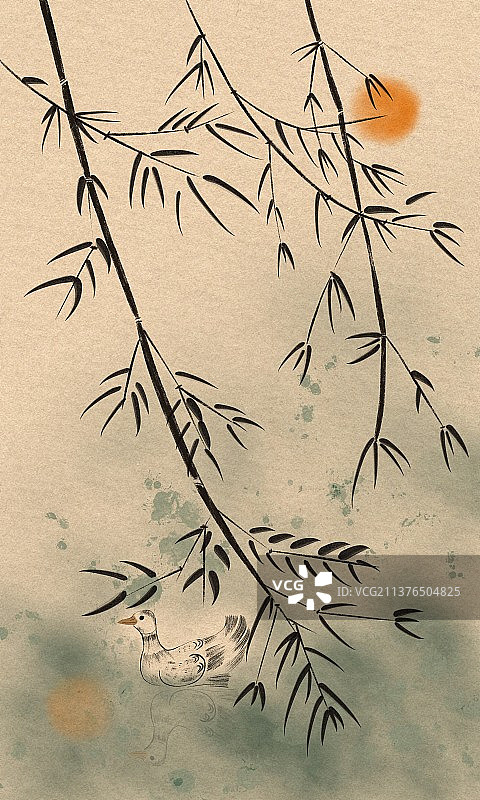 竹叶 复古 鸭 风景 国风图片素材