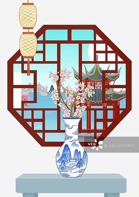 国风园林室内圆花窗花瓶图图片素材