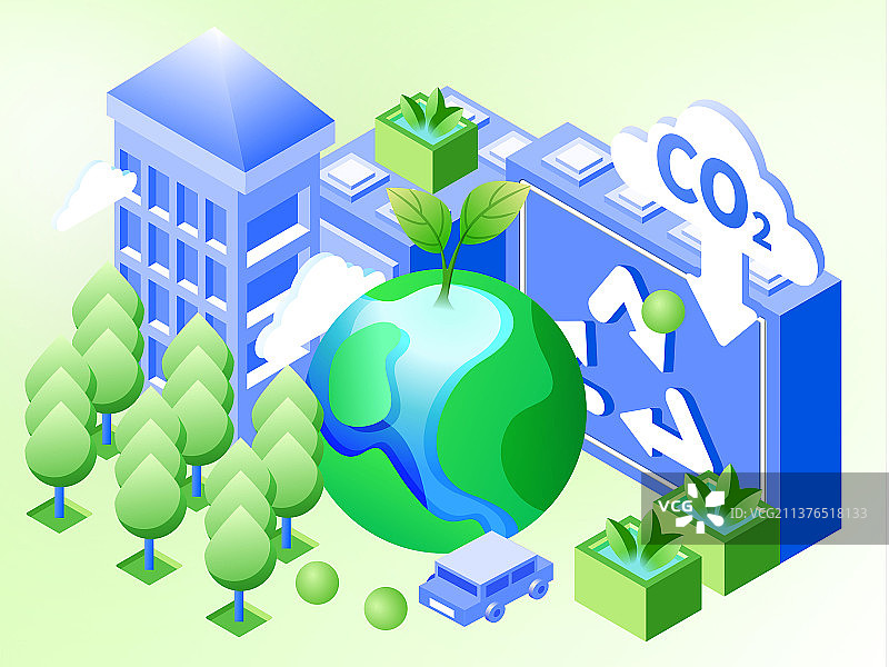 2.5D矢量城市建筑植物插画绿色环境环保低碳排放主题图片素材