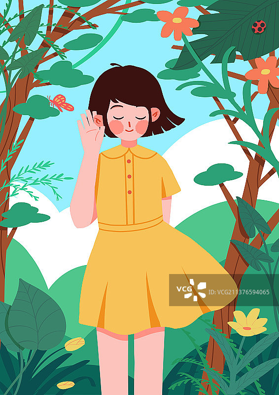在花丛中穿着裙子的侧耳倾听的女孩图片素材