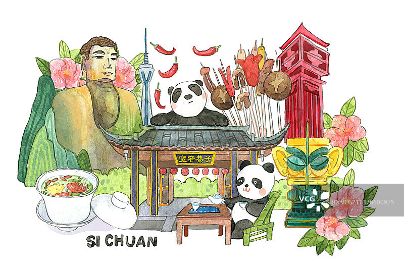 城市插画之四川成熟建筑地标美食图片素材