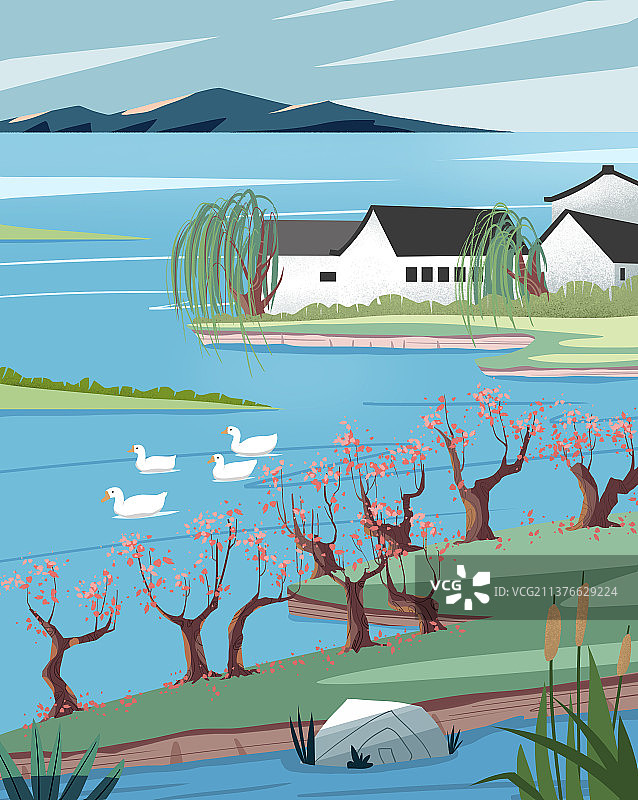 扁平风乡村春天美丽景象图片素材