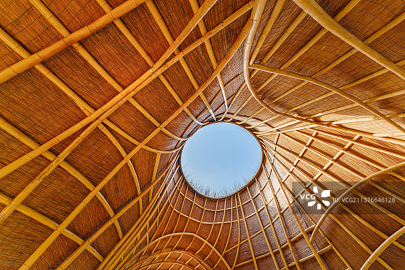 竹海观天--浙江安吉余村村竹建筑内景.民宿.屋顶.景观图片素材