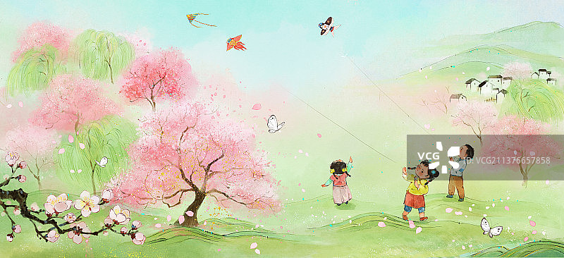 春天放风筝插画图片素材
