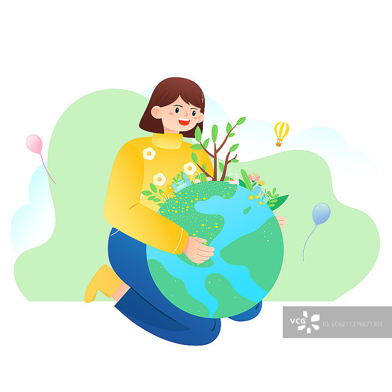 女孩抱着绿色地球矢量插画图片素材