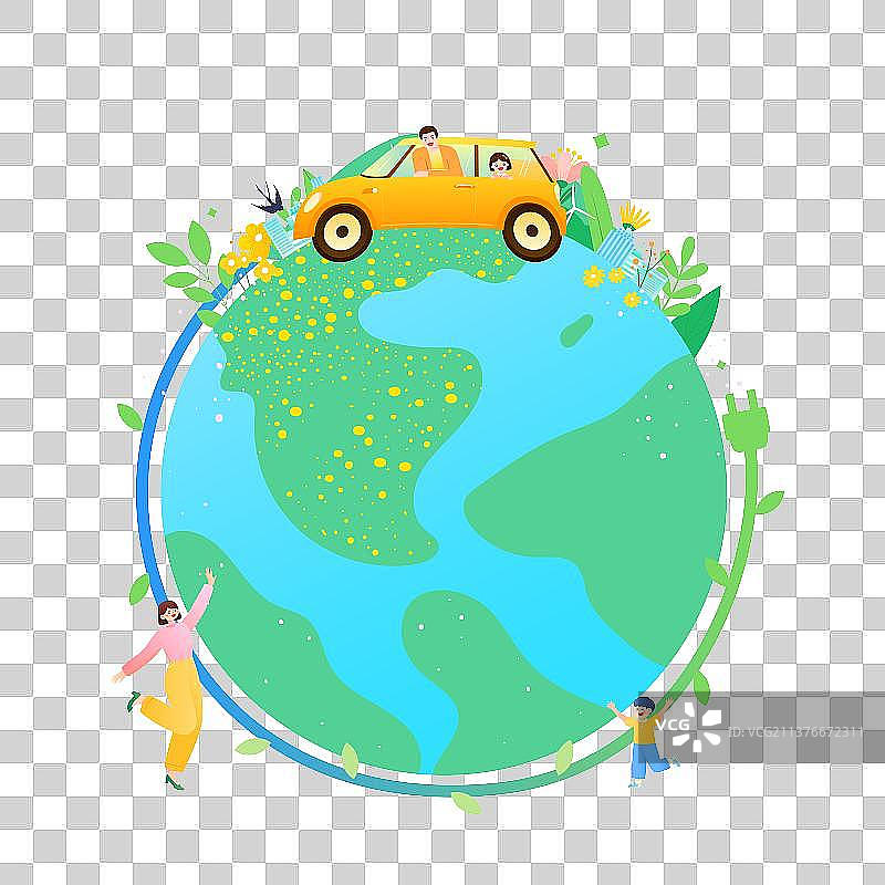 绿色地球新能源汽车和家庭矢量插画元素图片素材