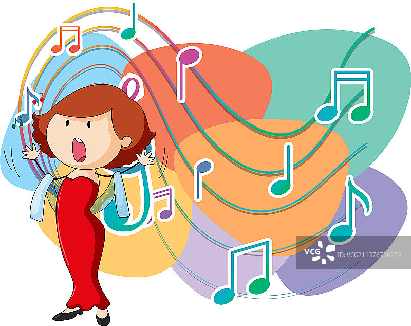 带有音乐旋律符号的卡通女歌手图片素材