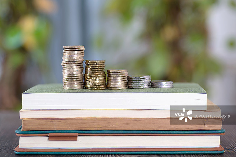 书籍上一排整齐的欧元硬币图片素材