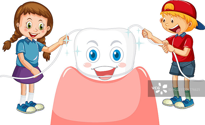 孩子们用牙线清洁牙齿图片素材