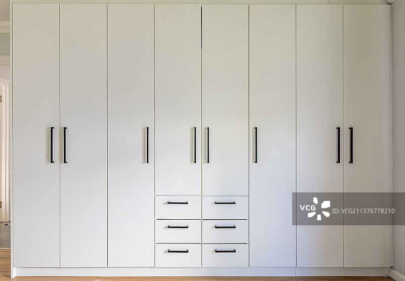 家里的白色衣柜的关闭的门和抽屉，留白图片素材