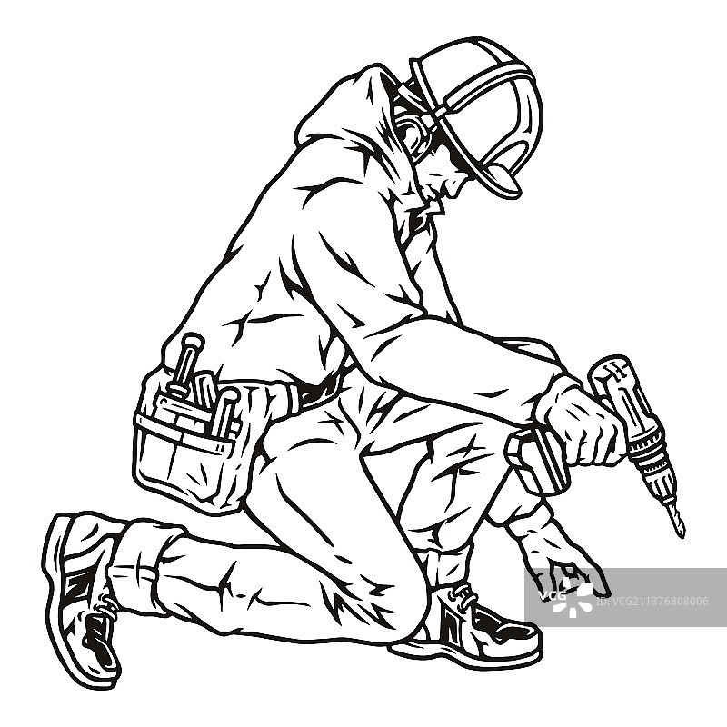 戴着安全帽使用无线螺丝刀的地板工人图片素材