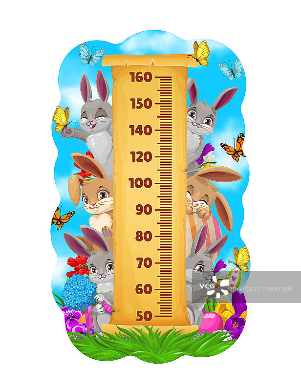 儿童身高测量图，复活节兔子和彩蛋狩猎图片素材