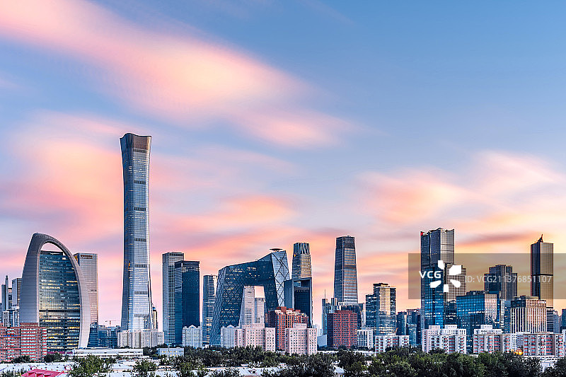 中国北京国贸CBD建筑群高视角黄昏晚霞风光图片素材